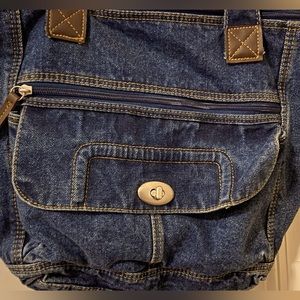 Denim handbag with genuine, leather accents